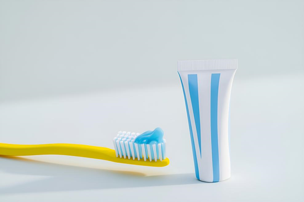 簡(jiǎn)約清新明亮色調(diào)黃色牙刷白色牙膏藍(lán)色條紋商業(yè)照片（商業(yè)使用）